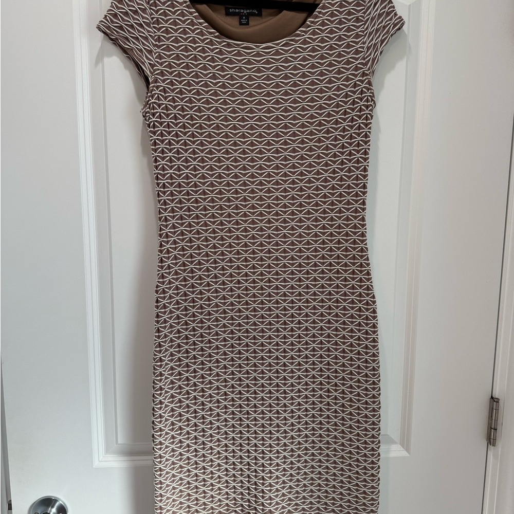 Sharagano Tan Sheath Dress Cap Sleeve Crew Neck
